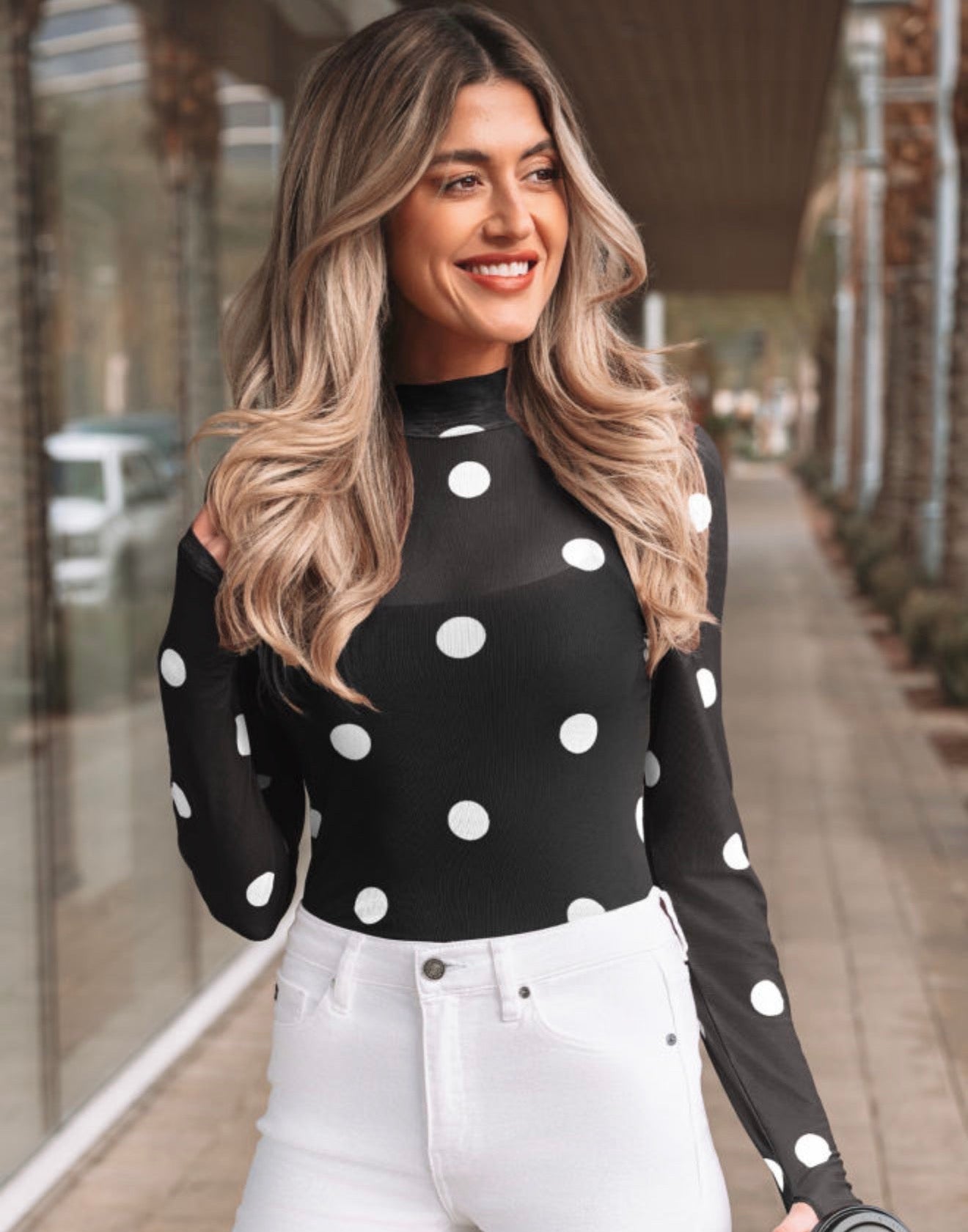 Black Vintage Polka Dot Pint Mesh Long Sleeve Bodysuit