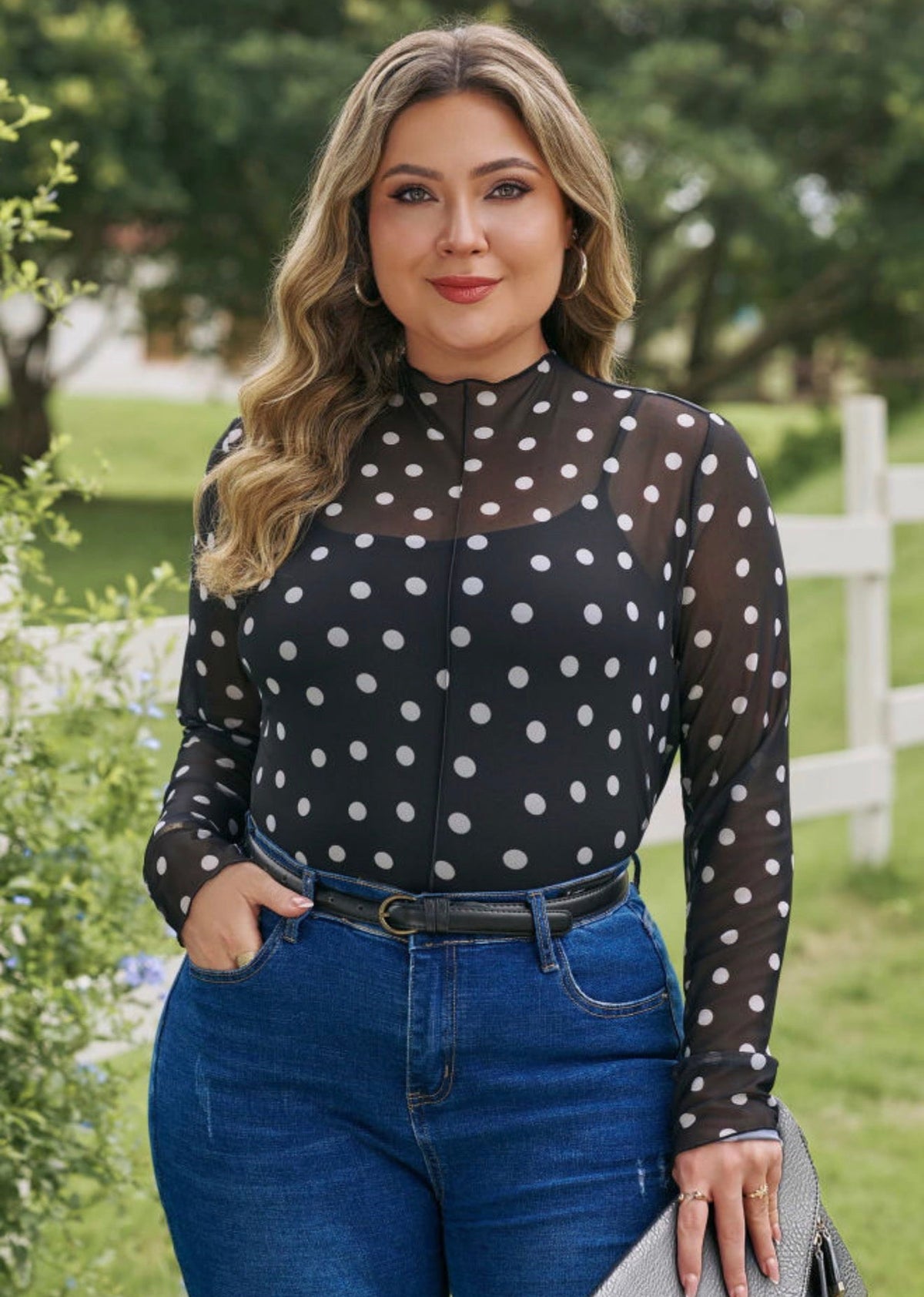Black Plus Size Polka Dot Mesh Long Sleeve Mock Neck