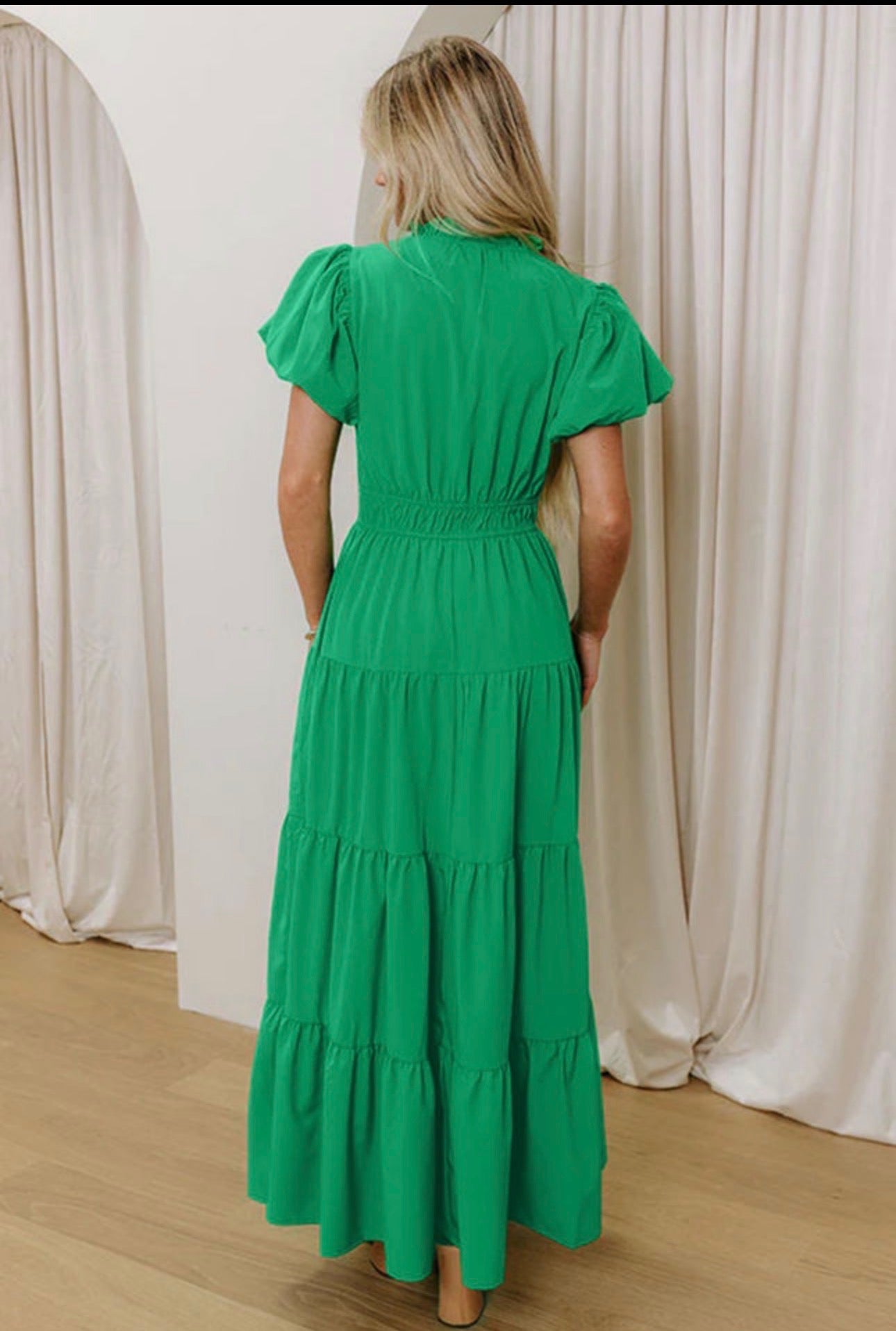 Kelly Green Ruffle Maxi Dress with Puff Sleeves