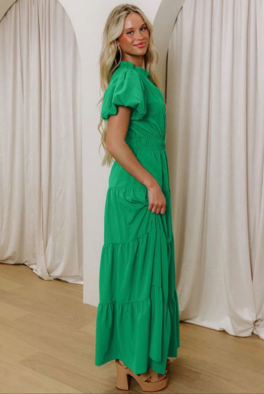 Kelly Green Ruffle Maxi Dress with Puff Sleeves