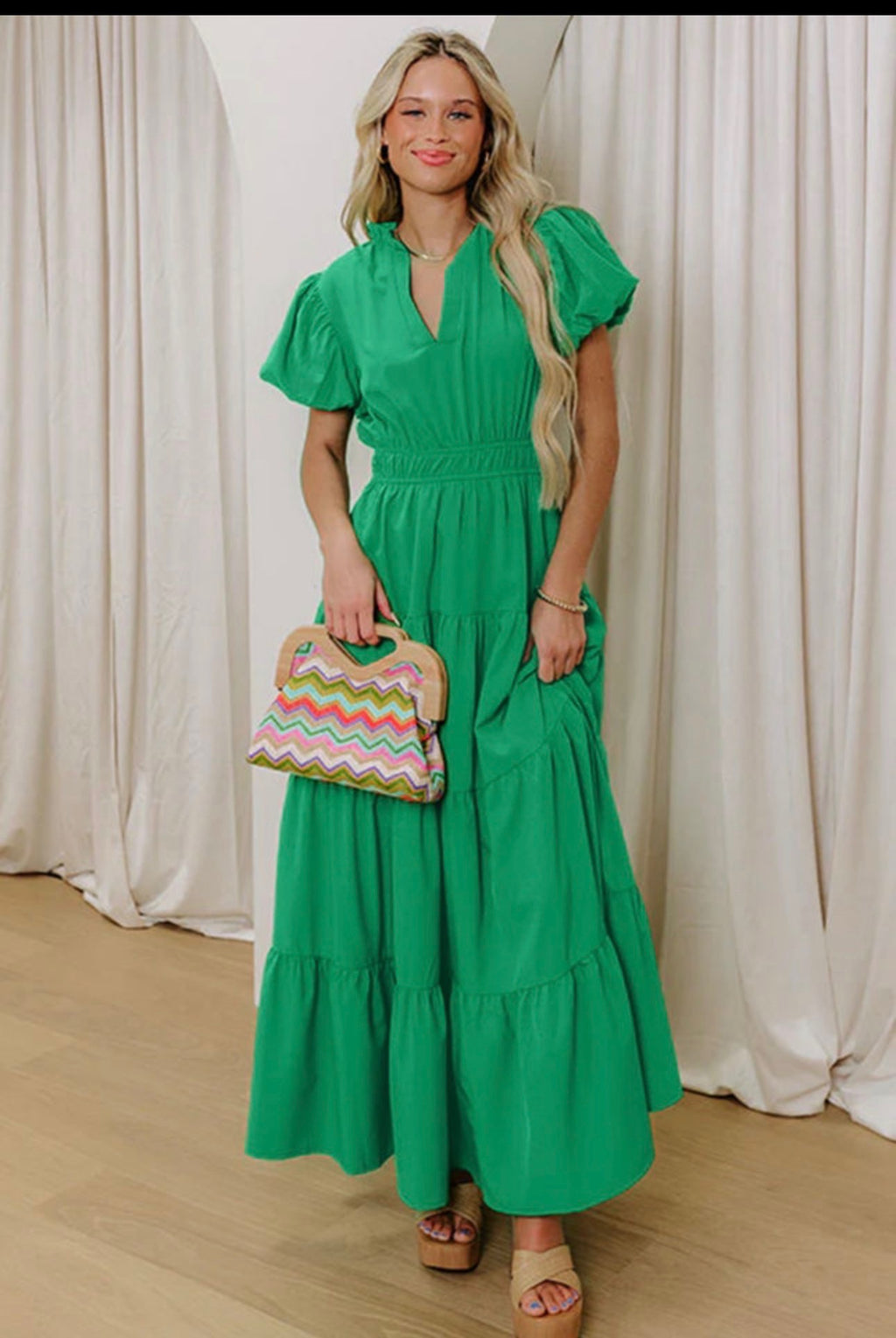 Kelly Green Ruffle Maxi Dress with Puff Sleeves