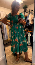 Floral Kelly Green Ruffle Maxi Dress with Puff Sleeves