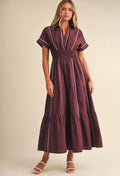 Smocked Waist Contrast Piping Detail A-LIne