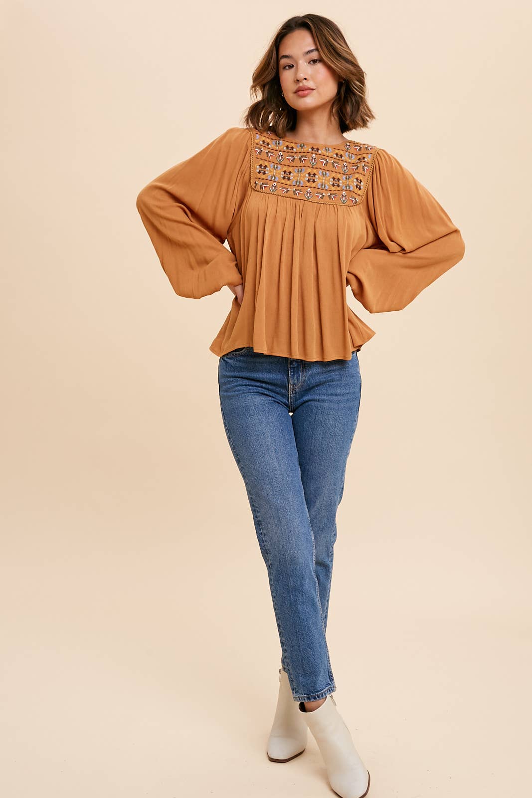 Embroidered Caramel Tie Back Blouse
