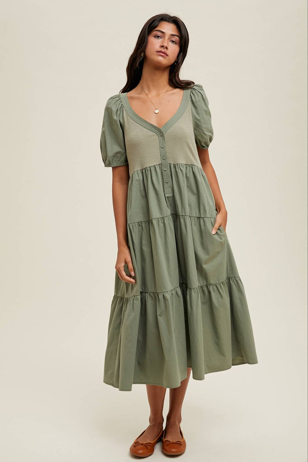 Olive Buton Front Mid Length Dress with Puff Sleeve