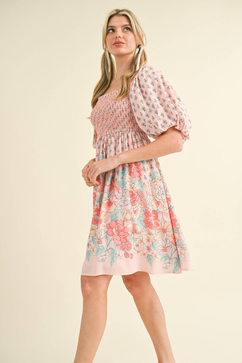 Pink/Peach Floral Smocked Knee Length Dress with Puff Sleeves