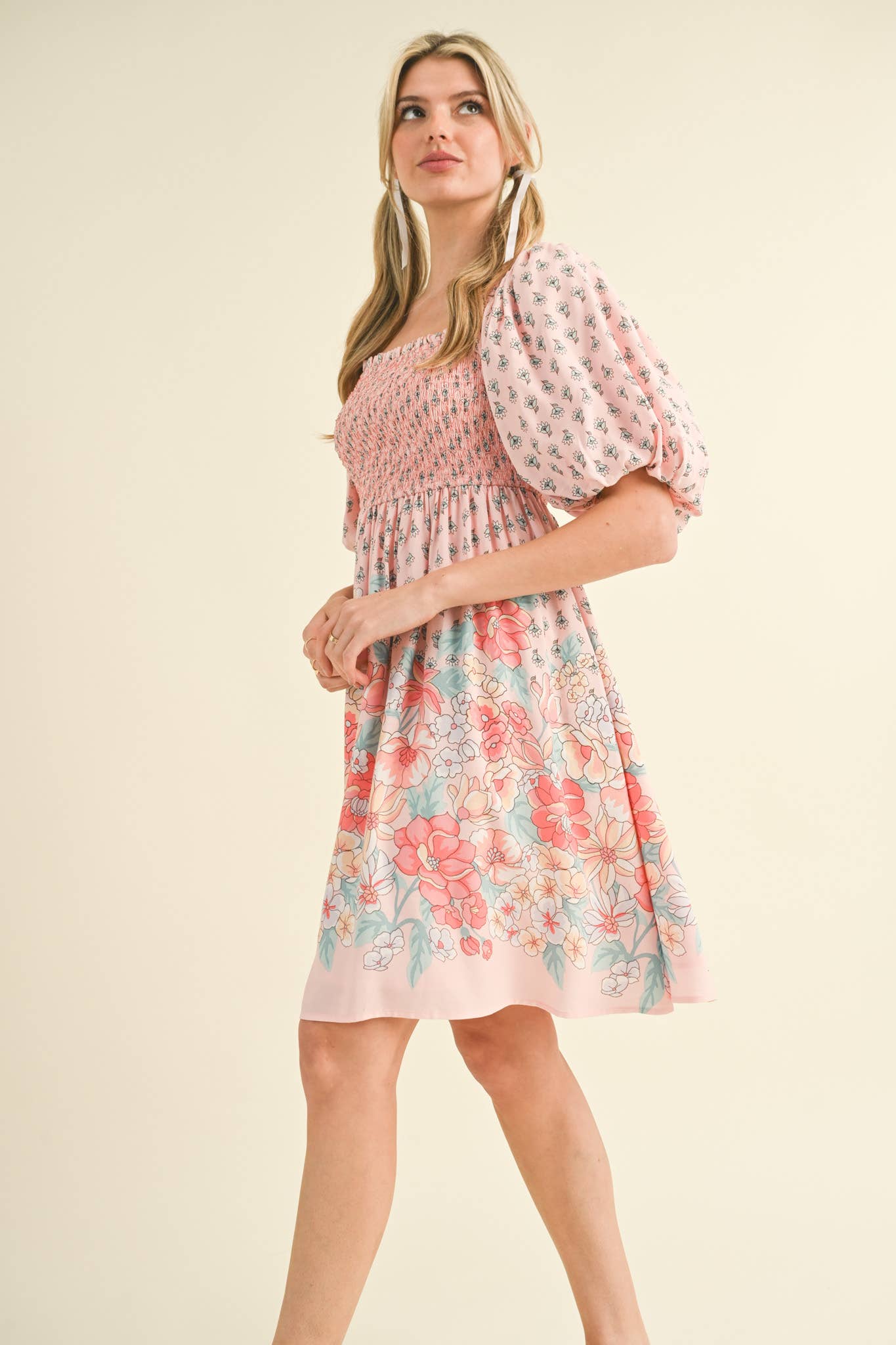 Pink/Peach Floral Smocked Knee Length Dress with Puff Sleeves