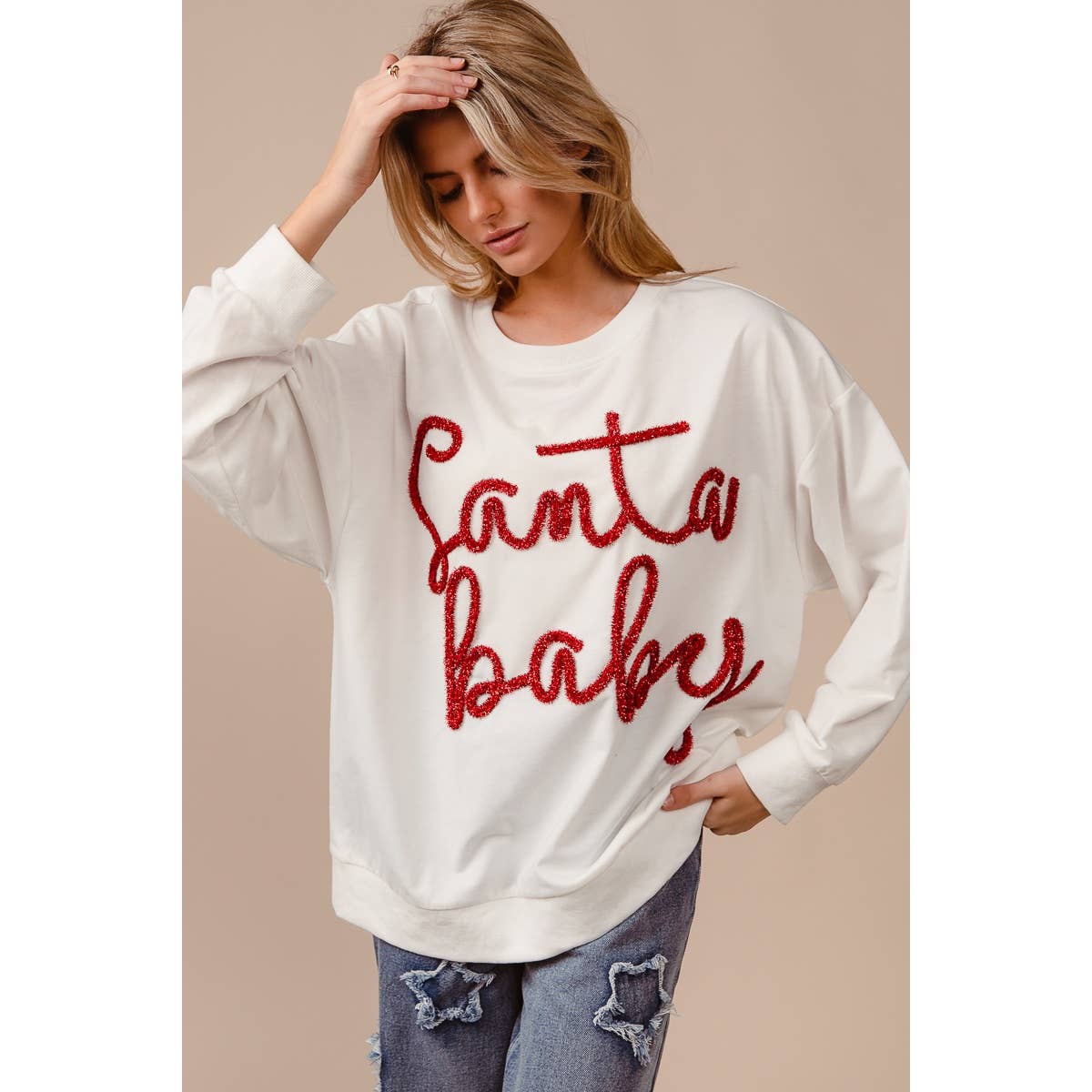 TINSEL SANTA BABY LETTERING CHRISTMAS SWEATSHIRT