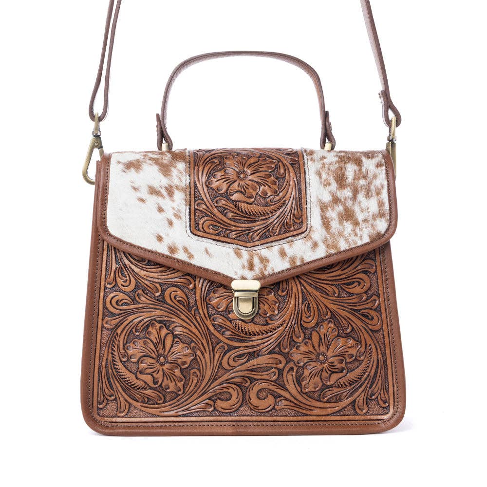 Duchess Hairon Handtooled Flap and Button Leather Satchel in Mocha Cream