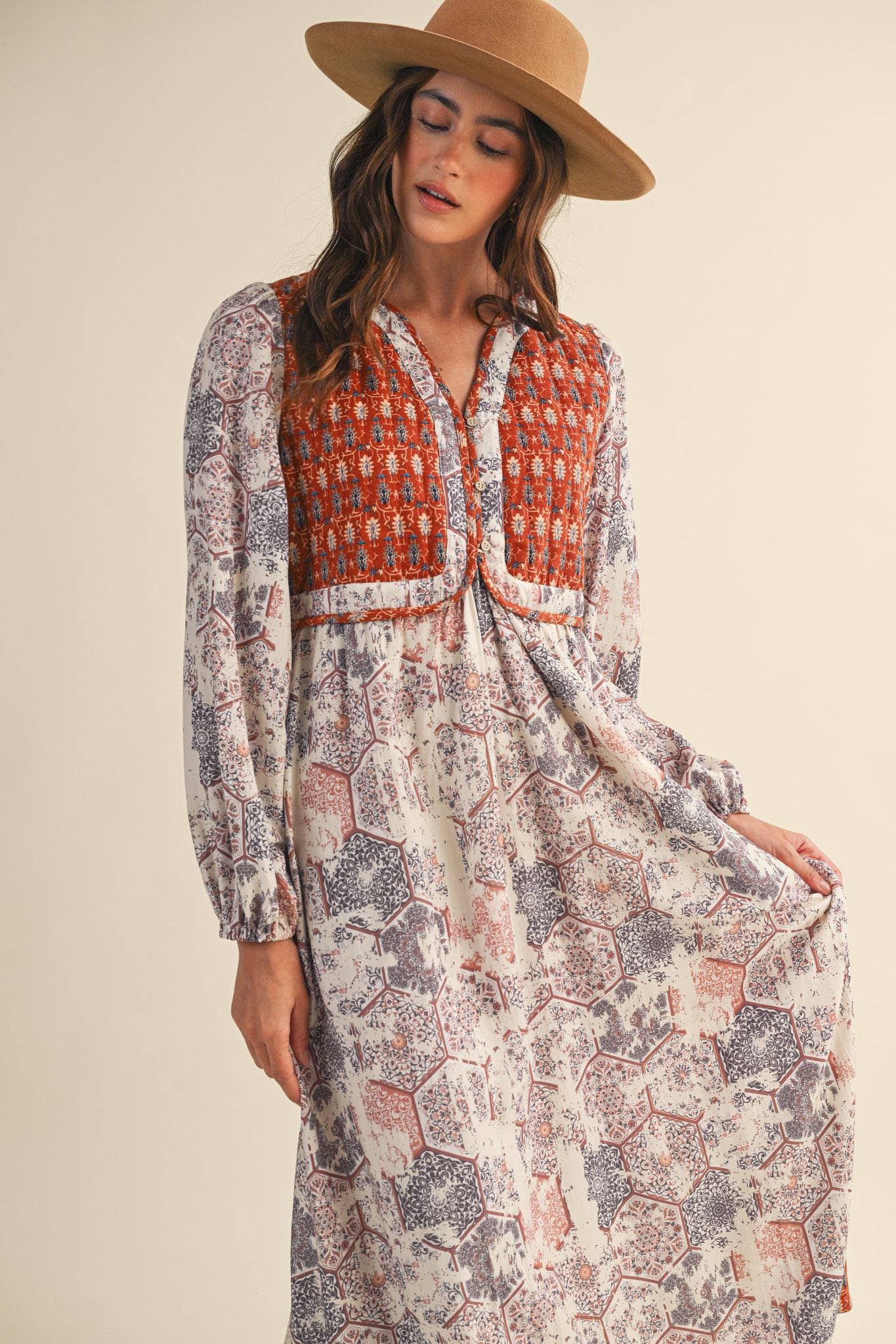 Mustard/Blue Quilted Vest Midi Length Dress