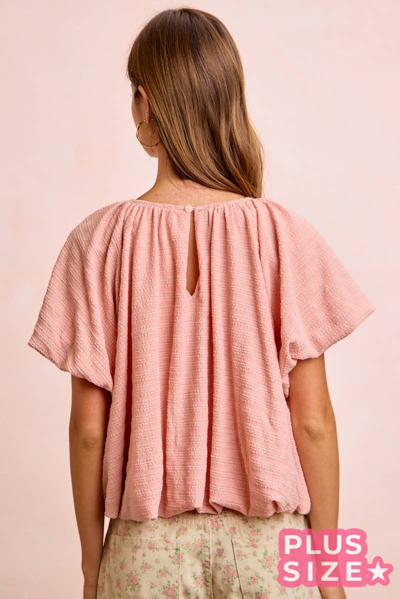 STRIPES TEXTURED SHIRRED NECKLINE BUBBLE HEM TOP