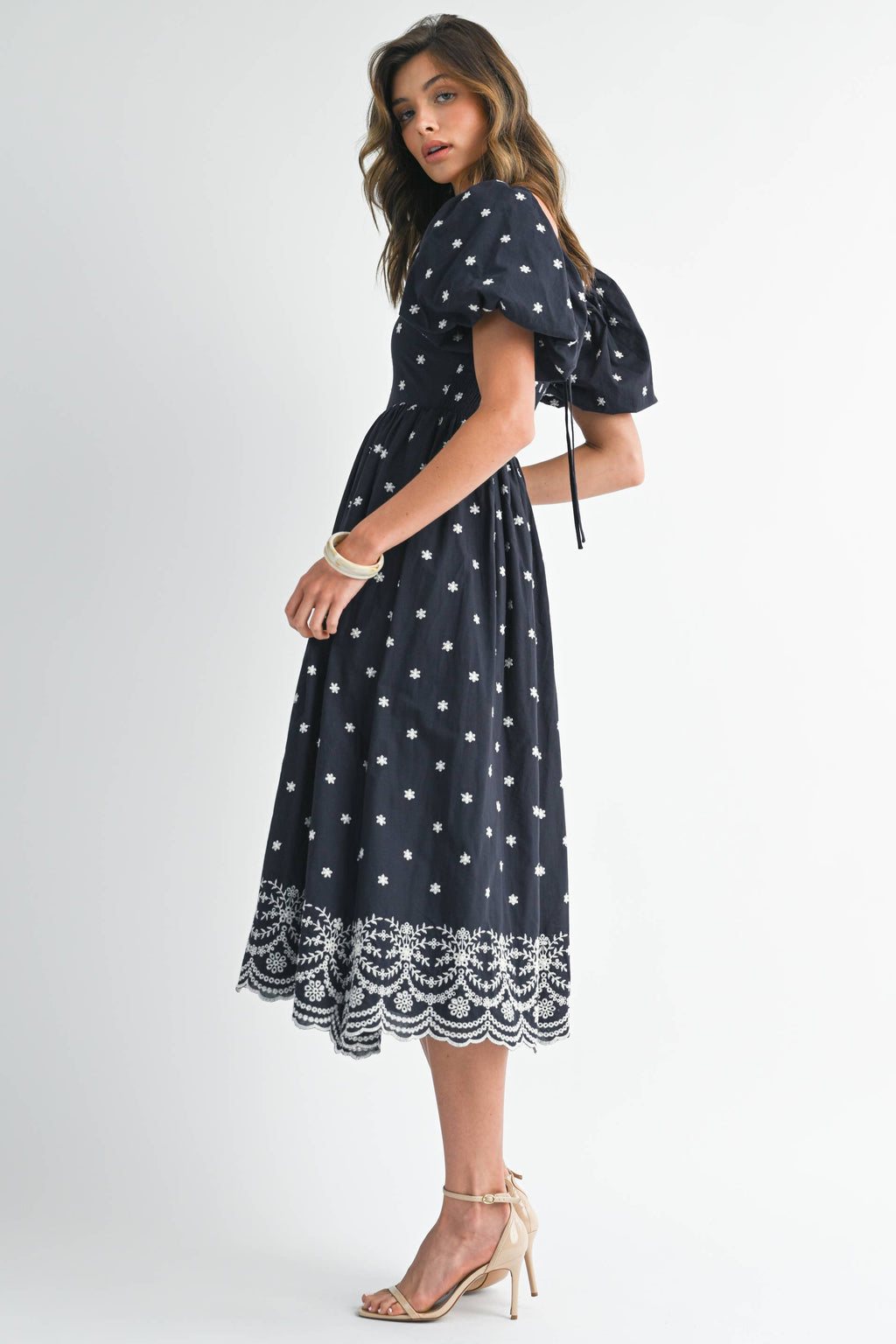 Navy Floral A Line Tie Back Dress with Puff Sleeves