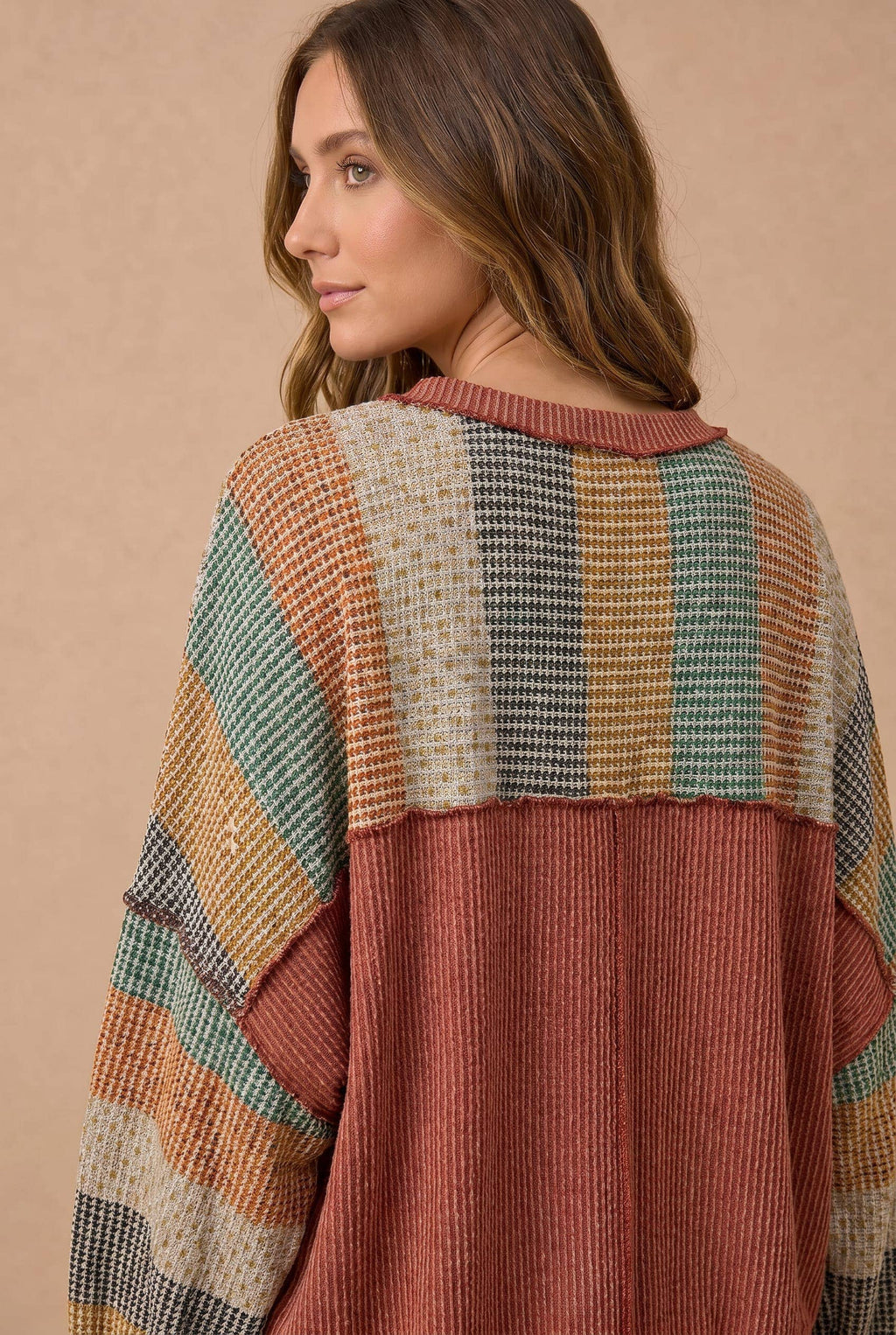 Stripe Waffle Wave Rib Banded Hem Pullover