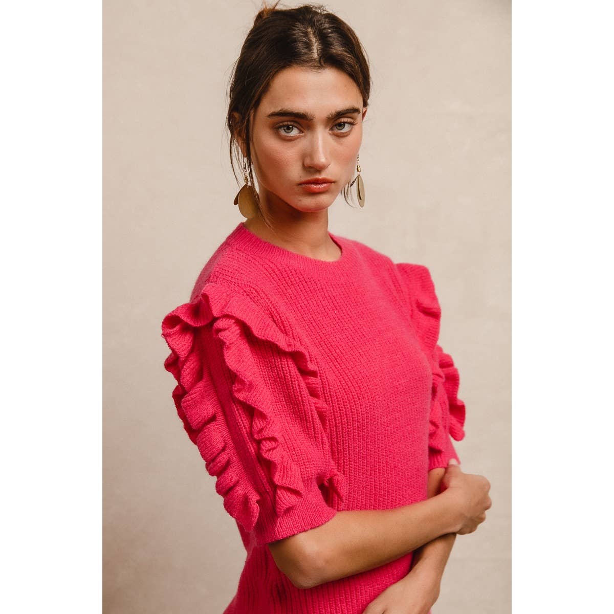 SOLID KNIT RUFFLED SLEEVES TOP