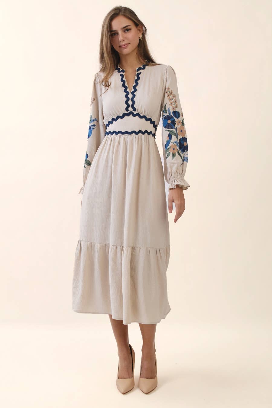 Embroidered Tiered Midi Dress