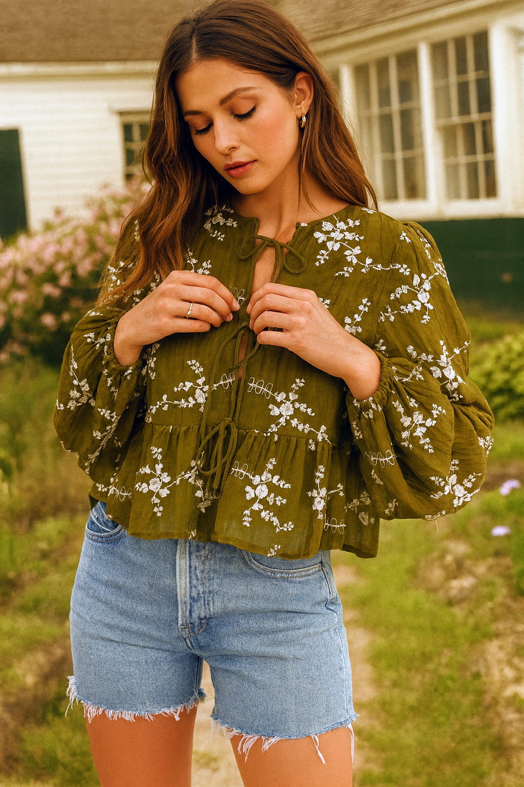 Olive Floral Tie Front Peplum