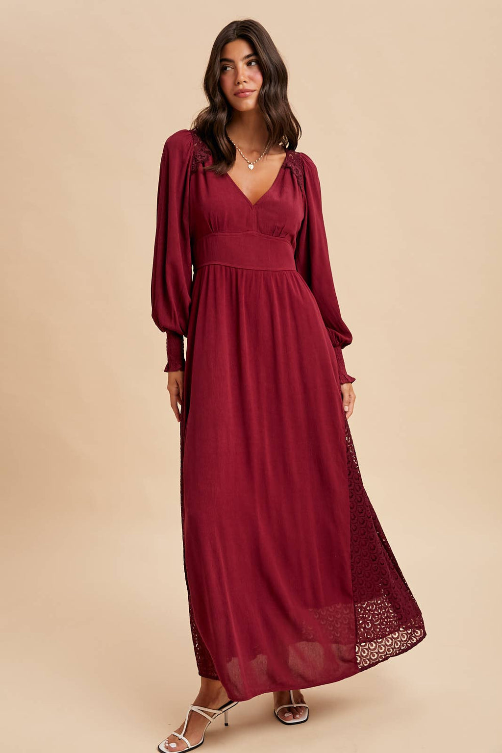 Wine Long Sleeve Dress with Lace Details