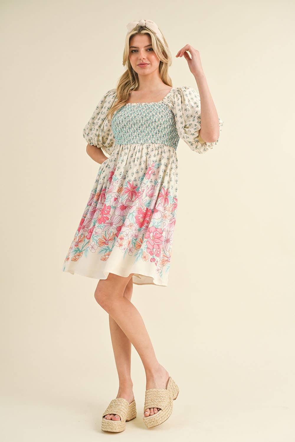 Pink/Peach Floral Smocked Knee Length Dress with Puff Sleeves
