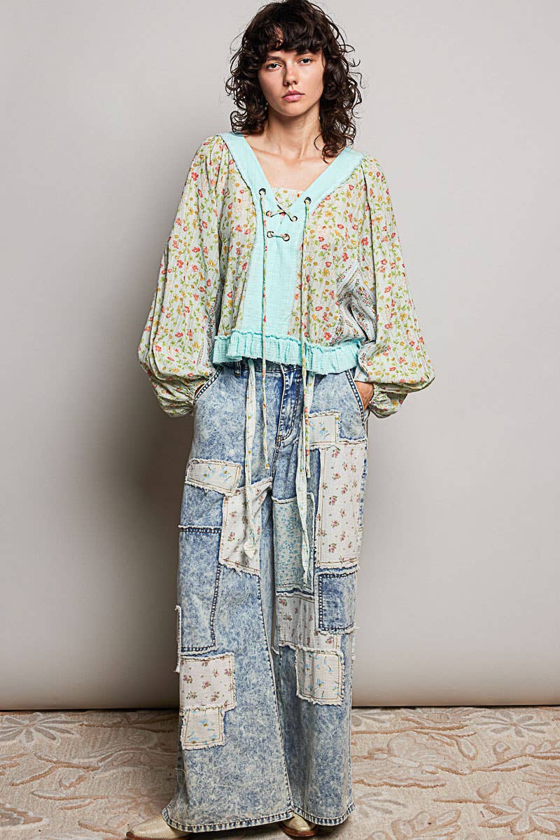 Beige/Peach Multi Color V Neck Balloon Sleeve Top