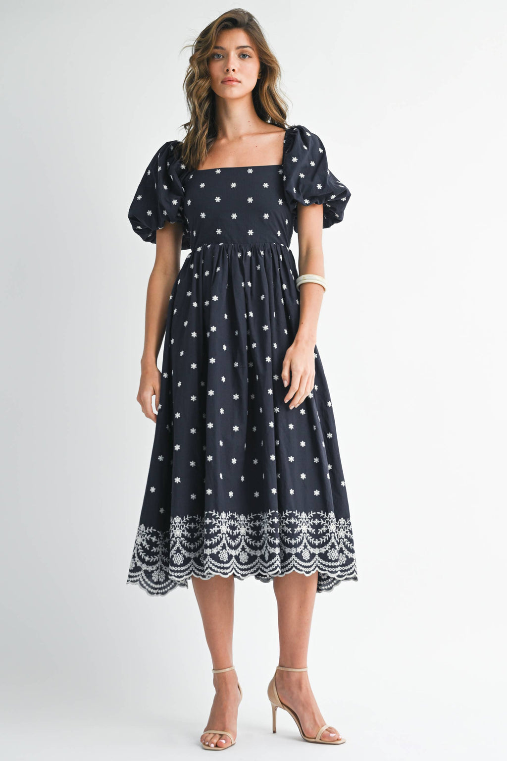 Navy Floral A Line Tie Back Dress with Puff Sleeves