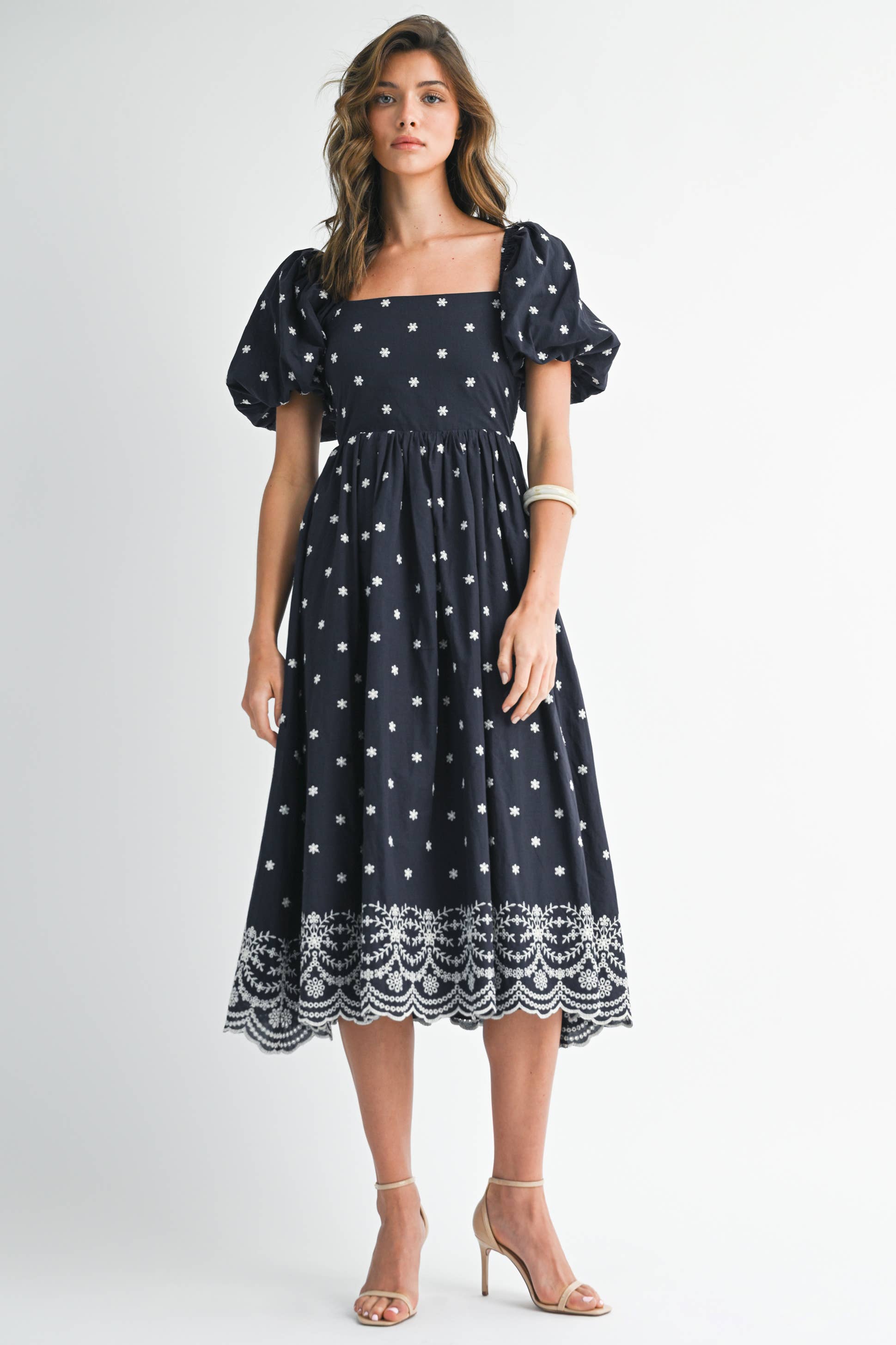Navy Floral A Line Tie Back Dress with Puff Sleeves