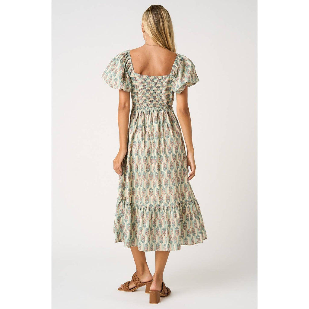 Sage/Ivory Striped with Peach Floral Puff Sleeve Dress