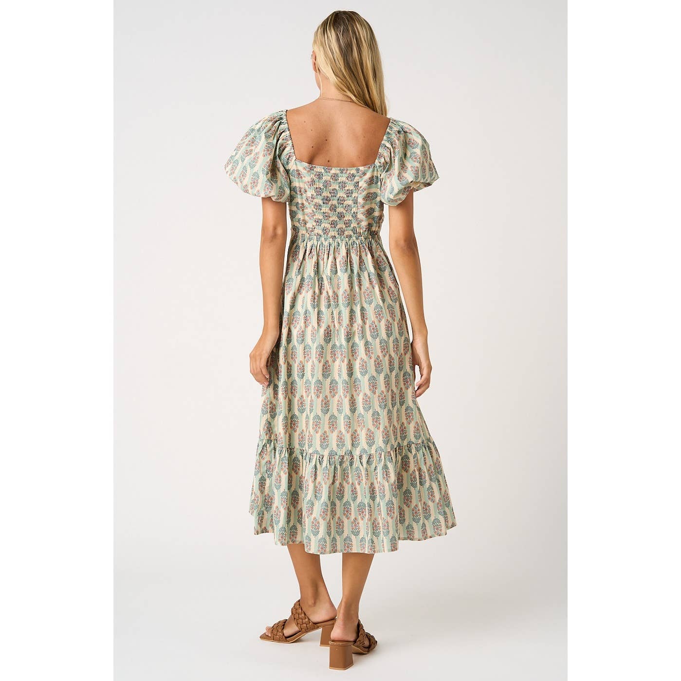 Sage/Ivory Striped with Peach Floral Puff Sleeve Dress