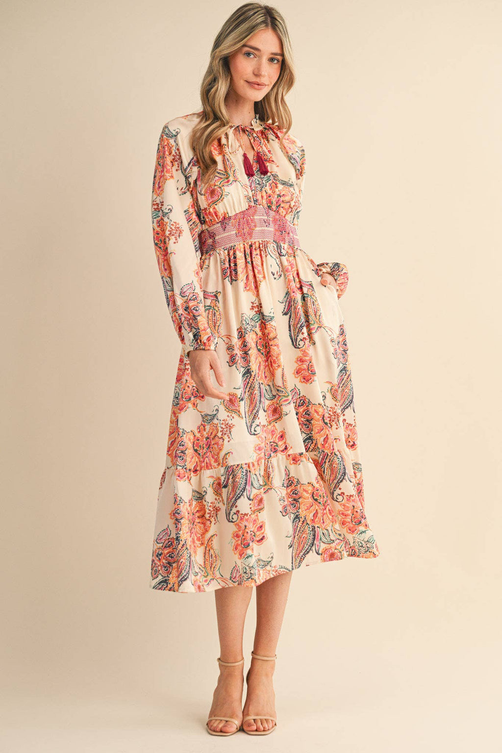 Cream Paisley Dress with Smocked Detail