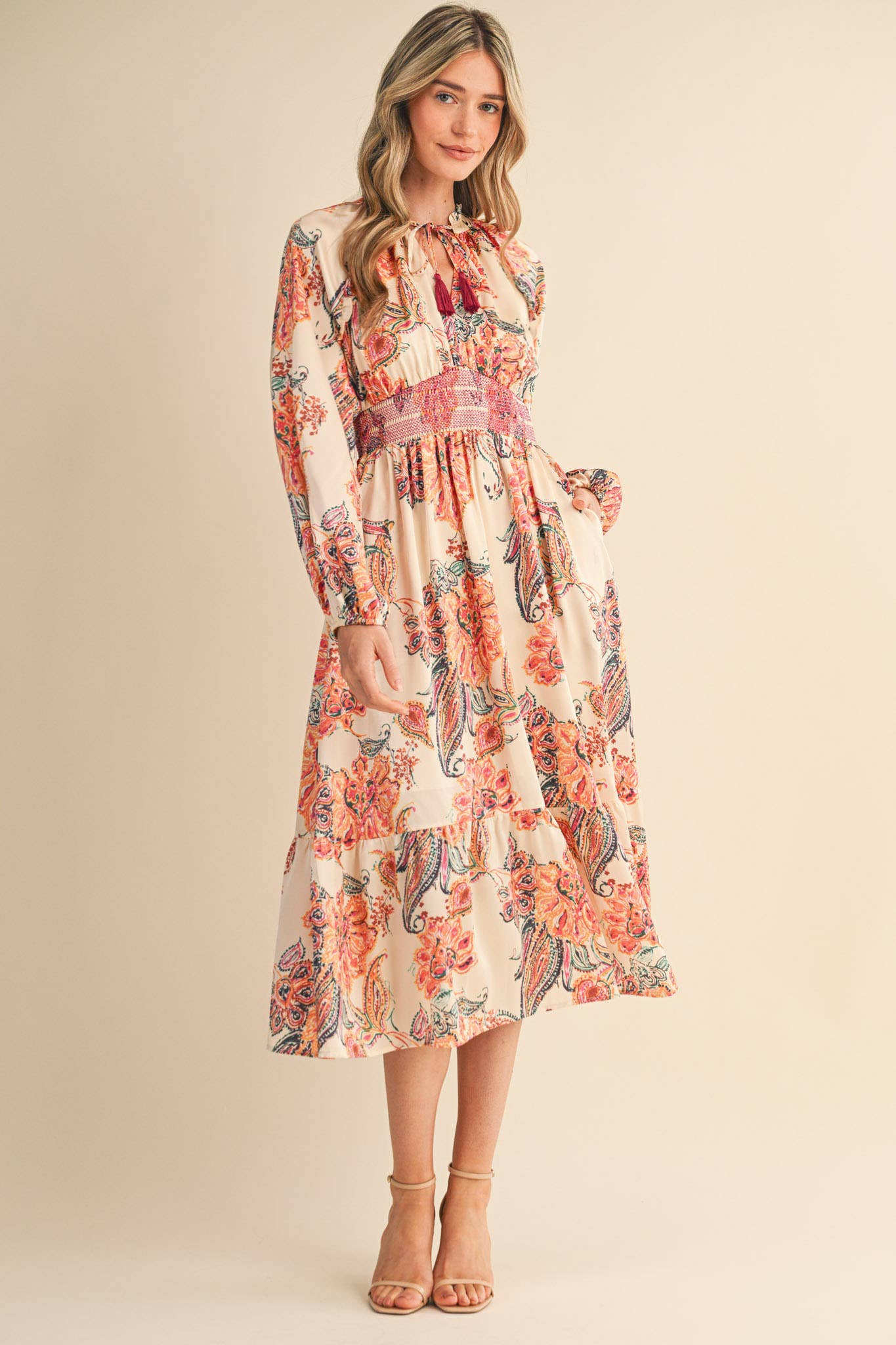 Cream Paisley Dress with Smocked Detail