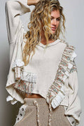 Floral Ruffle Trim Textured Ribbed Long Sleeve Knit Top