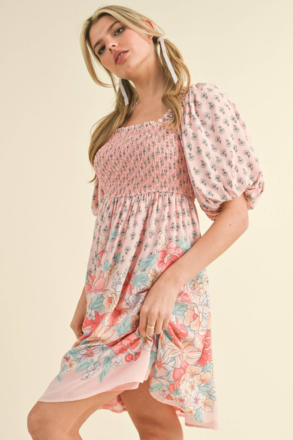 Pink/Peach Floral Smocked Knee Length Dress with Puff Sleeves