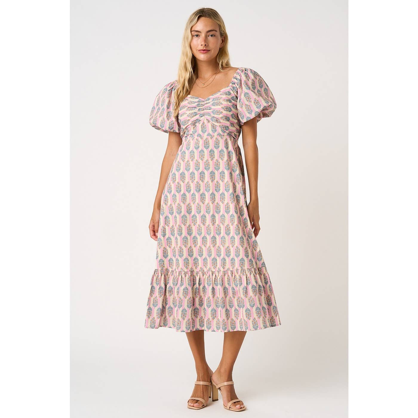 Sage/Ivory Striped with Peach Floral Puff Sleeve Dress