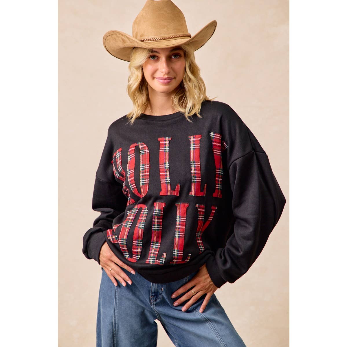 PLAID HOLLY JOLLY LETTERING CHRISTMAS SWEATSHIRT