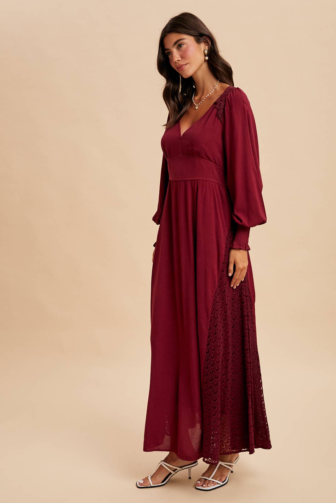 Wine Long Sleeve Dress with Lace Details