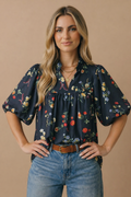 Plus Notch Neck Floral Empire Waist Woven Top