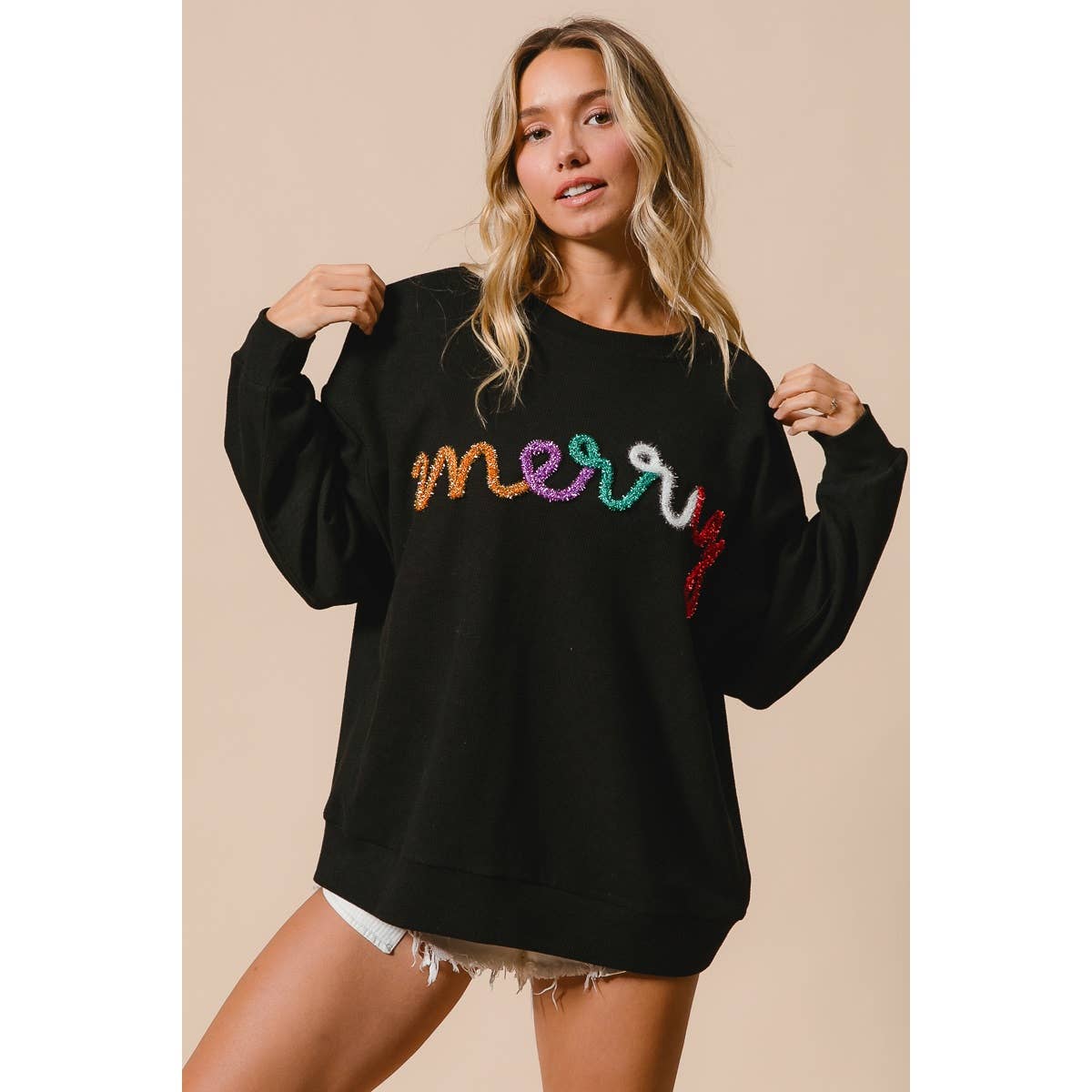 MERRY TINSEL LETTERING TWO TONE RIB PULLOVER