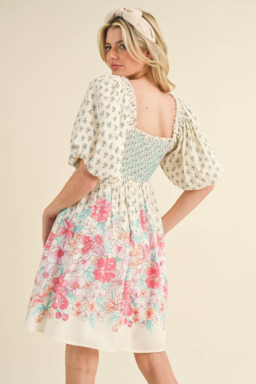 Pink/Peach Floral Smocked Knee Length Dress with Puff Sleeves
