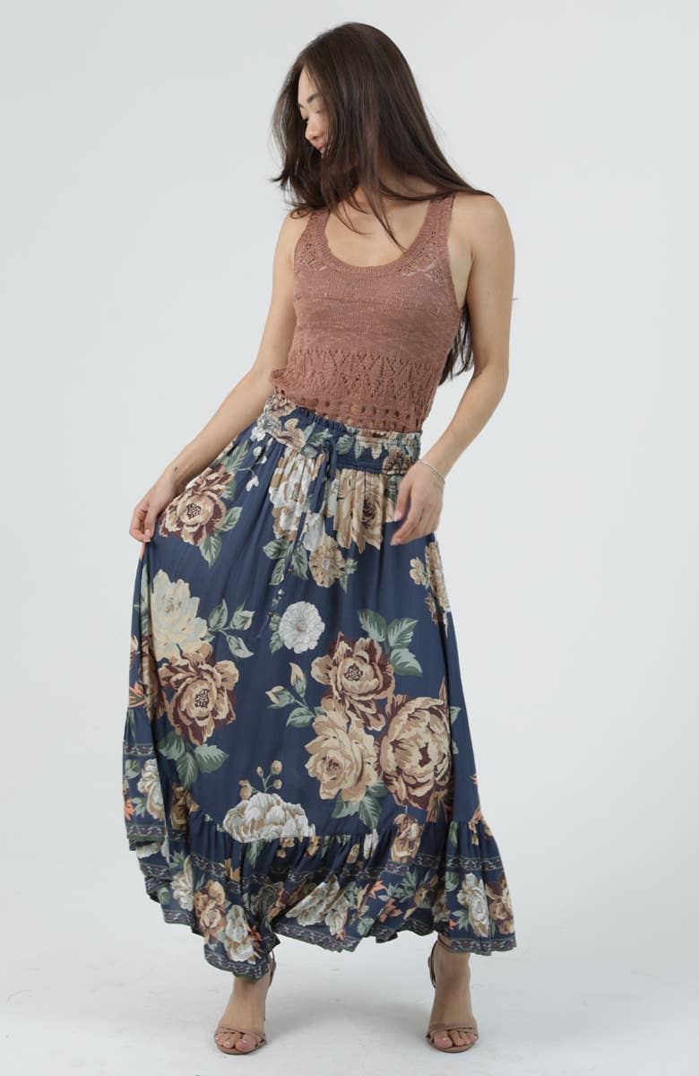 26P93-WB64 Smock Waist Ruffle Hem Maxi Skirt