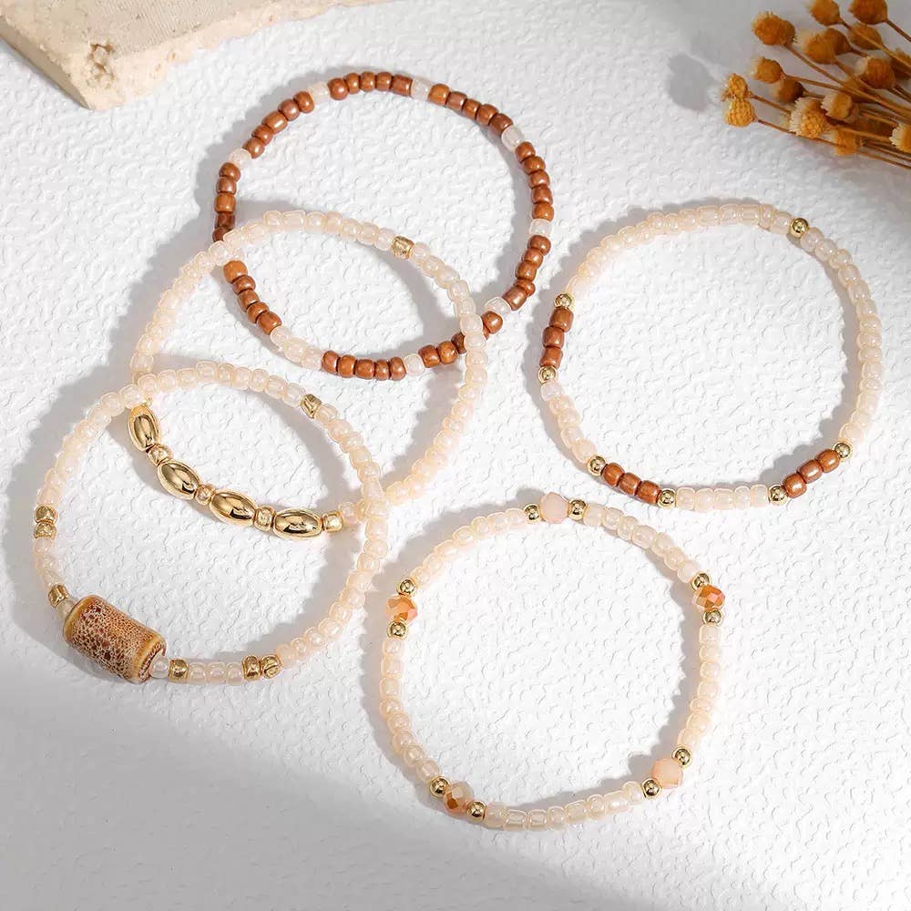 Coastal Blush Beaded Stretch Bracelet Set | Neutral Boho Sta