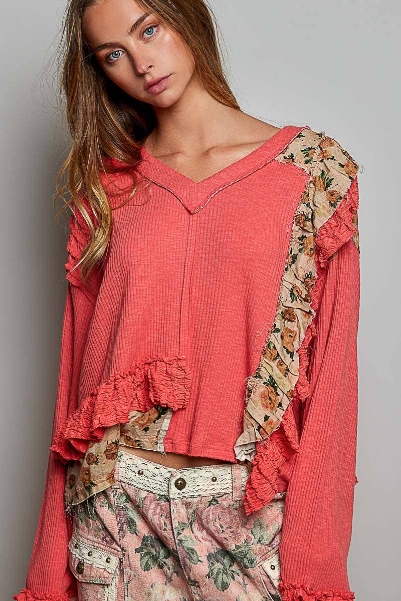 Floral Ruffle Trim Textured Ribbed Long Sleeve Knit Top