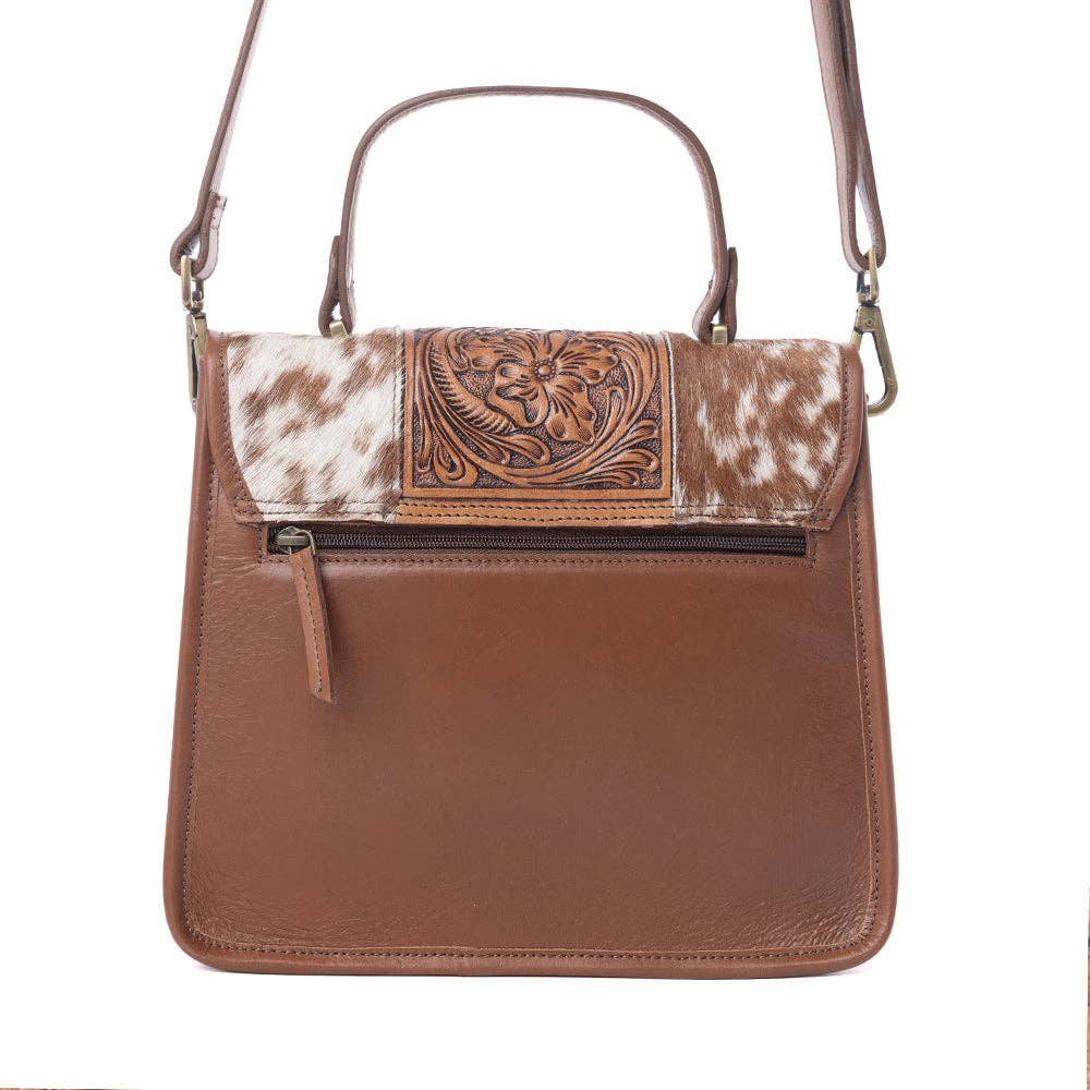 Duchess Hairon Handtooled Flap and Button Leather Satchel in Mocha Cream