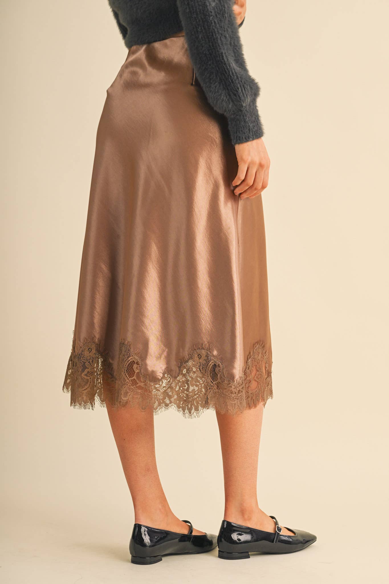 Espresso Satin Midi Slip Skirt with Lace Hem