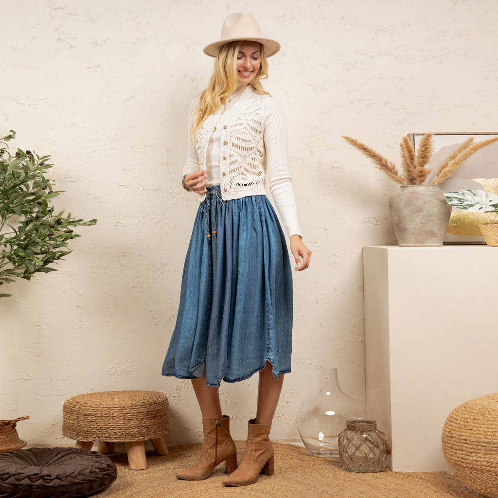 Shirred Elastic Waist Denim Skirt