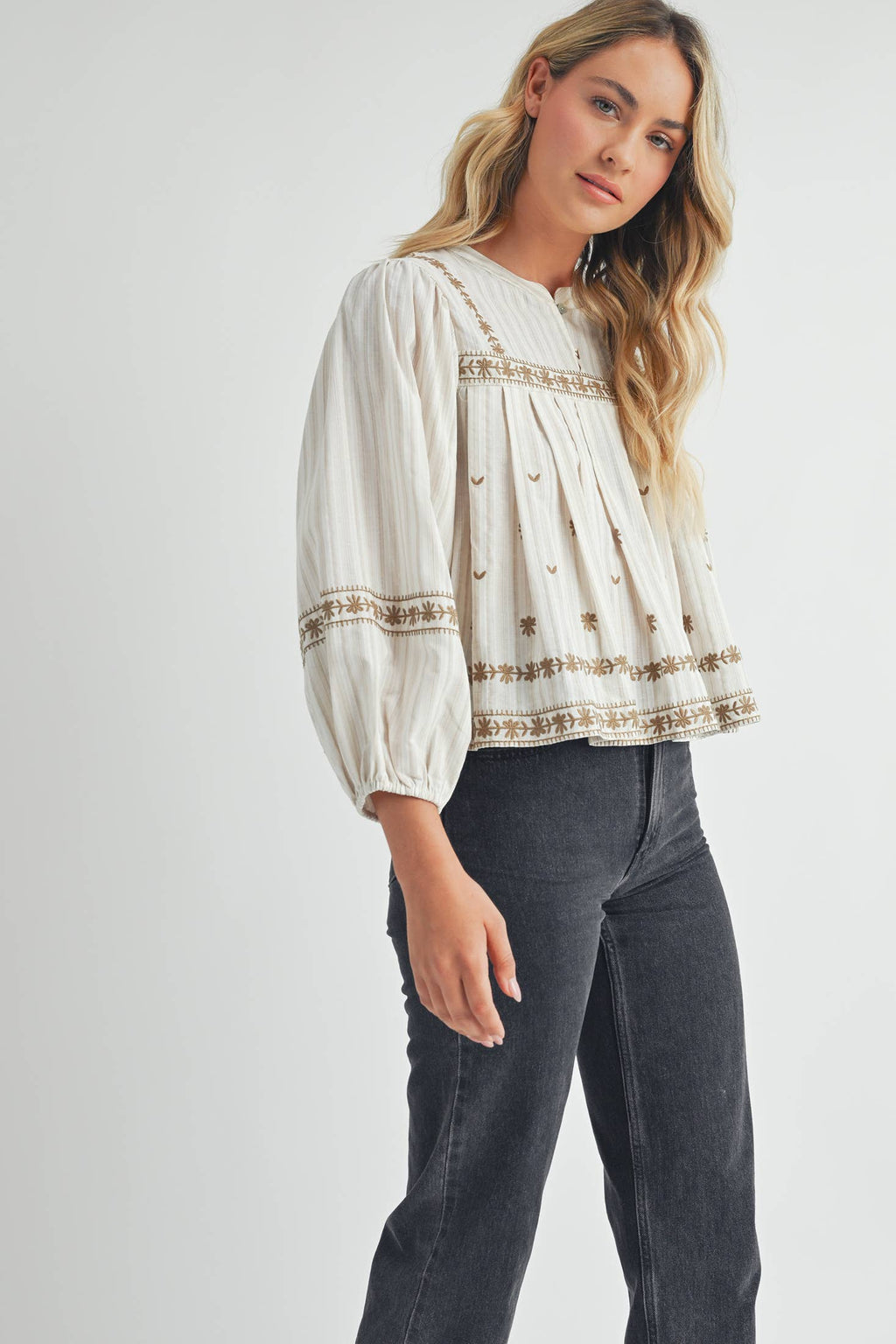 Ivory/Beige Embroidered Puff Long Sleeve Top