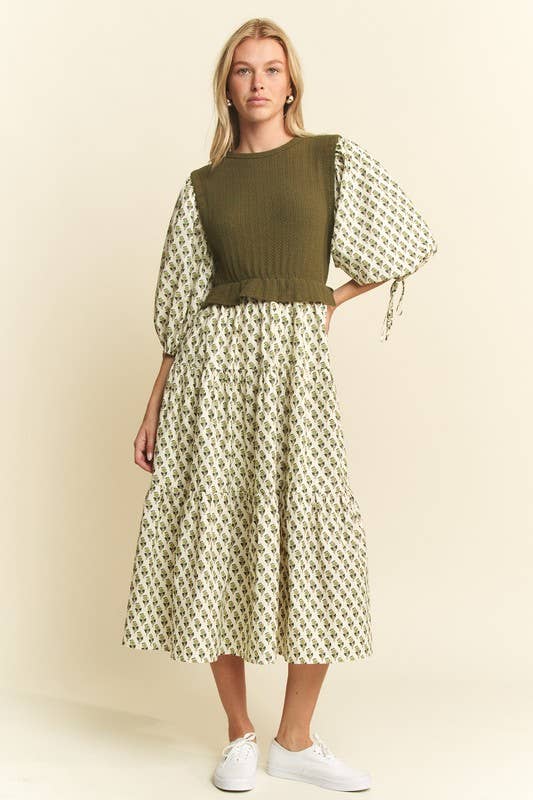 Floral Print Mixed Media Tiered Midi Dress