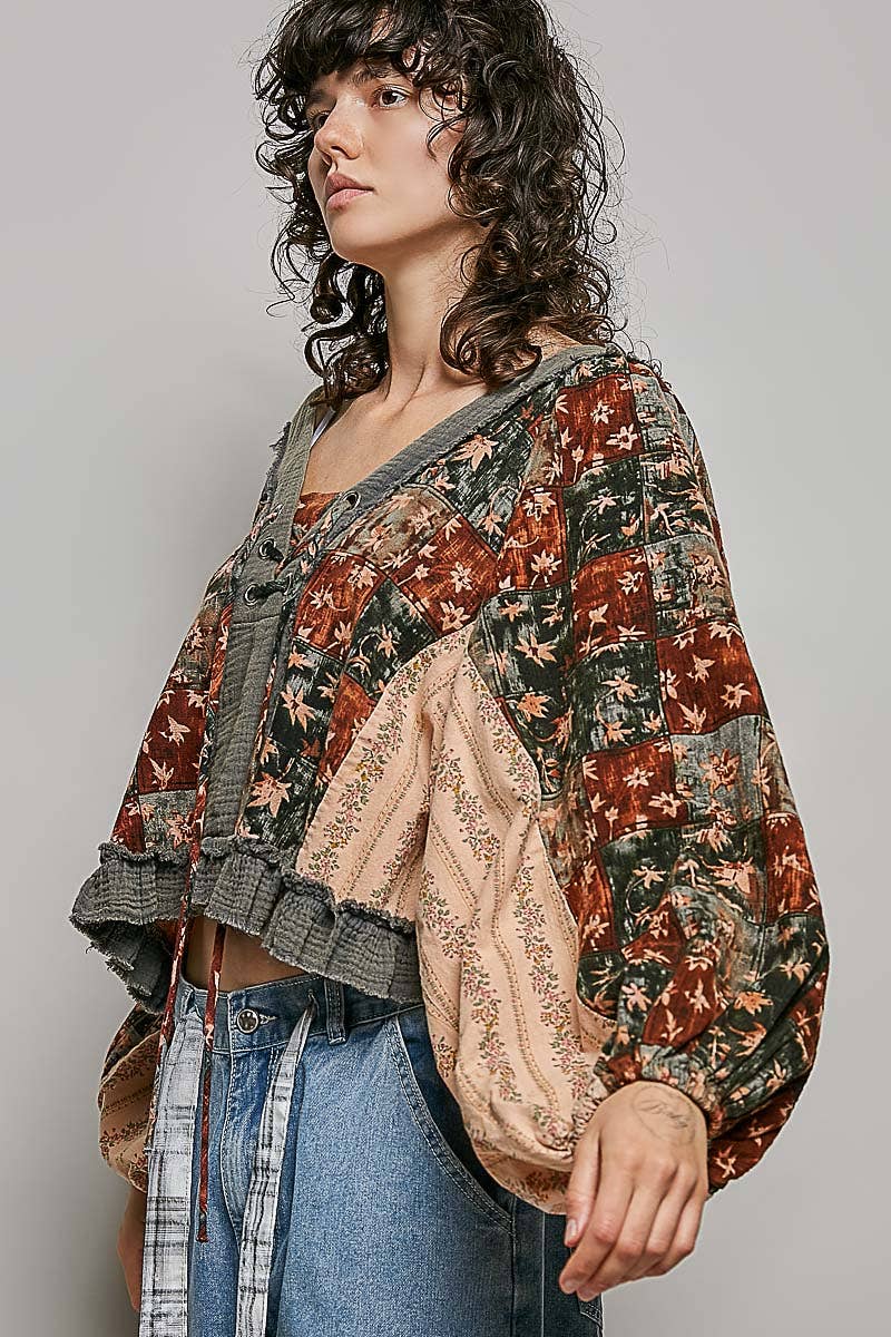 Beige/Peach Multi Color V Neck Balloon Sleeve Top