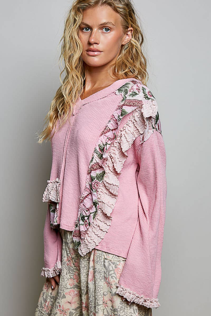 Floral Ruffle Trim Textured Ribbed Long Sleeve Knit Top