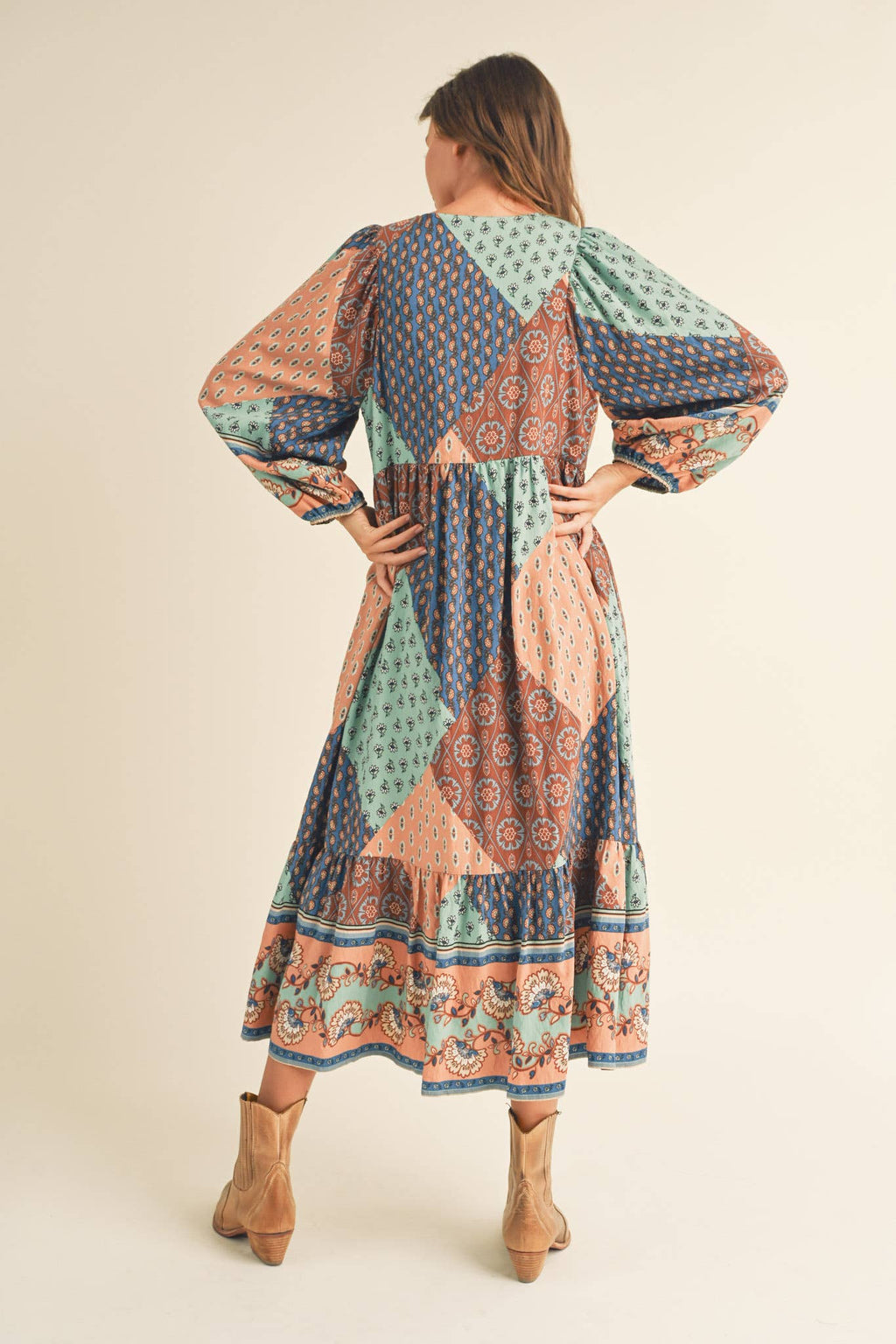 Rust Multi Color Printed Balloon Sleeve Mid Length Dress