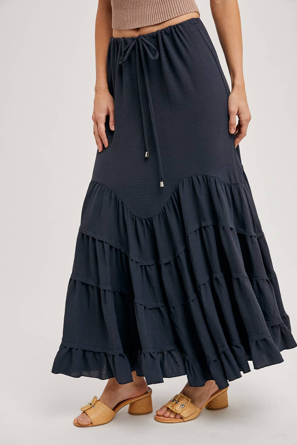 RUFFLED DRAWSTRING WASIT MAXI SKIRT WITH LINING