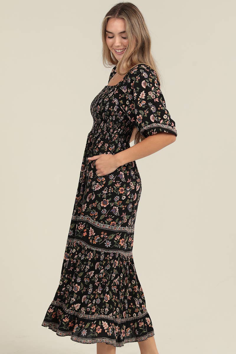 C4925-WB01 PUFF SLEEVE SMOCKED BODICE MID LENGTH DRESS